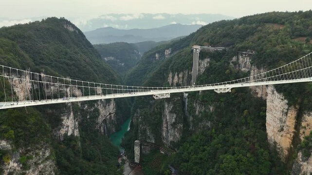 Panoramic shot showcasing towering bridge spanning deep forested canyon with scenic river below. Crossing glass suspension bridge in Zhangjiajie, China