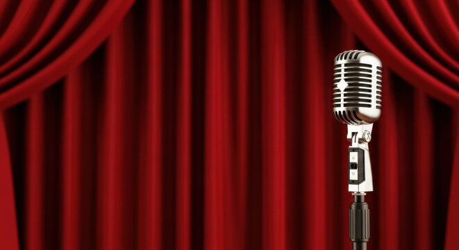 Microfone vintage prateado no palco com fundo de cortina vermelha para podcast e stand-up.