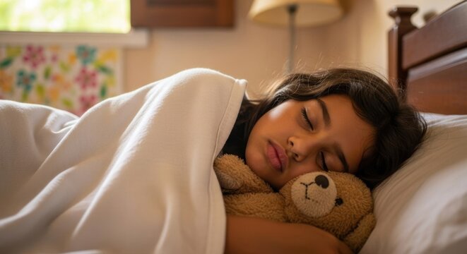 Menina brasileira dormindo tranquilamente abra&ccedil;ada a um urso de pel&uacute;cia na cama, luz da manh&atilde;