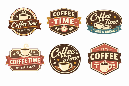Vintage coffee time badge set with retro caf&eacute; style emblems for morning relaxation and coffee break design inspiration