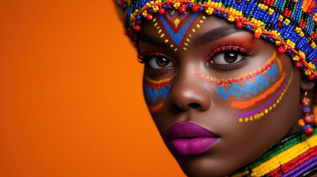 Portrait of African woman with traditional face paint and colorful beads, symbolizing cultural heritage, identity and beauty. Vibrant background with copy space for diversity. Africa day