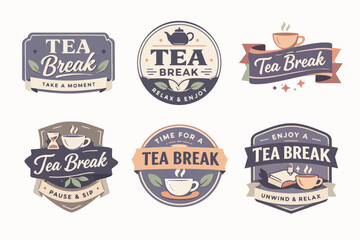 Fototapeta premium Collection of six vintage tea break badges and labels, perfect for promoting relaxation and beverage enjoyment