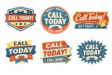 Obraz premium Call today vintage badges and stickers set featuring retro phone icons for urgent contact promotion and advertising