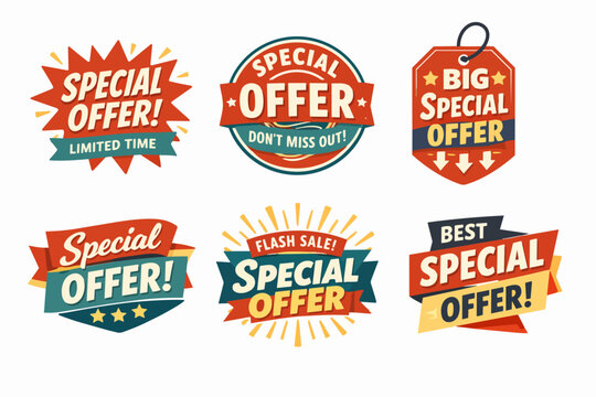 Collection of special offer labels for promotions, flash sales, limited time discounts, and best deals, promoting exclusive shopping opportunities