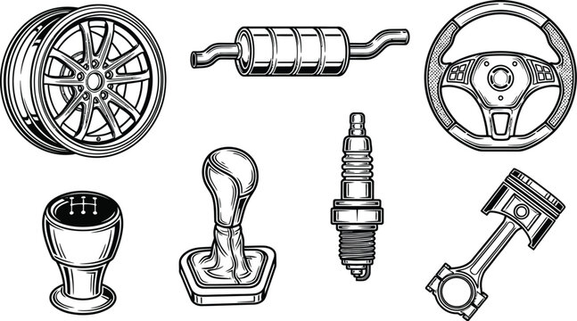 Car components: car wheel, exhaust pipe (muffler), steering wheel, gear shift knob, spark plug, and a piston with connecting rod for automotive repair service branding, garage insignias.