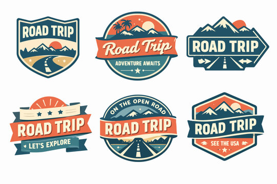 Road trip badges collection featuring highways, mountains, sun, and palms for travel, adventure, and exploration concepts