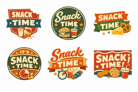 Snack time vintage badges and logos set with food and drink illustrations, retro style collection for cafes