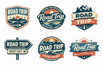 Obraz premium Collection of retro road trip emblems, labels, and logos featuring mountains, roads, and sun for journey concepts