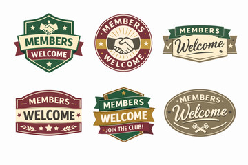 Obraz premium Vintage members welcome badges collection with handshake, shield, and ribbon designs, inviting new club members