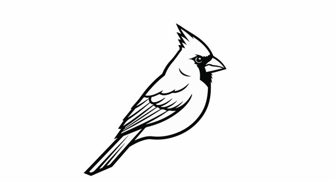 A stark black outline drawing of a northern cardinal bird on a white background