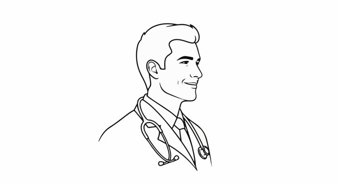A smiling man in profile, wearing a suit, tie, and stethoscope
