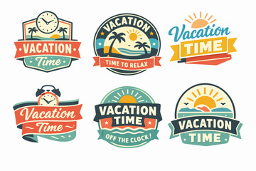 Obraz premium Vacation time emblems celebrating travel, summer holidays, and relaxation with tropical beaches, sun, palm trees, and clocks