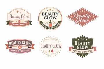 Obraz premium Collection of beauty glow brand logo designs featuring ribbons, stars, and droplet icons for cosmetic and skincare packaging