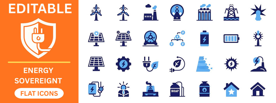 Energy management and global sustainability flat icons. Electric vehicle charging, solar power, alternative energy, power station, environmental care