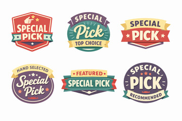 Fototapeta premium Special pick label collection featuring top choice, hand selected, recommended, and featured badges with retro design elements