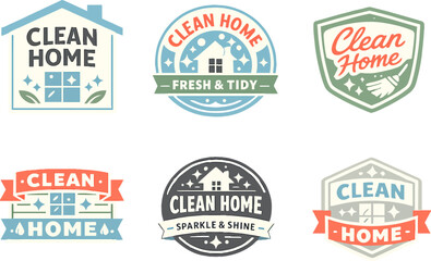Obraz premium Home cleaning service logos showcasing fresh, tidy, sparkle, and shine concepts for professional janitorial and domestic care