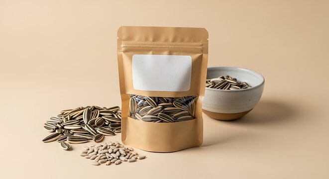 A brown bag of sunflower seeds next to a bowl and pile on a beige background