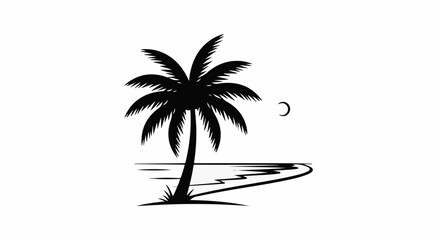 Fototapeta premium Silhouette of a palm tree on a beach with ocean waves and a crescent moon