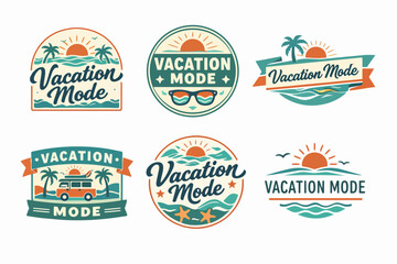 Naklejka premium Vacation mode emblems set with beach, palm trees, sun, waves, and surfing van. Summer travel concept illustrations