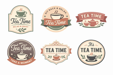 Fototapeta premium Six flat vintage style tea time badges and logos for menus, cafes, or branding, depicting hot cups, steapots, and text