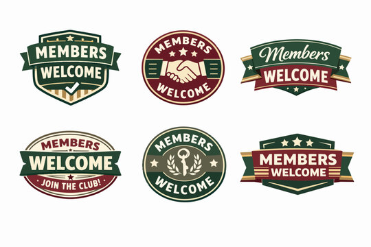 Members welcome retro badges and labels collection with vintage design for club, community, and loyalty programs