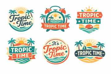Naklejka premium Vector badges and emblems presenting various tropic time designs, ideal for travel, holiday, and tropical themes