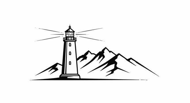 Black and white illustration of a lighthouse and mountains