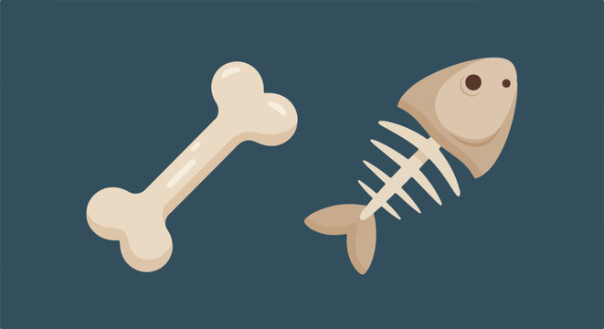 Simple cartoon bone and fish skeleton on a dark blue background