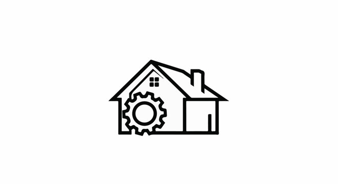 A black and white line drawing of a house with a gear inside