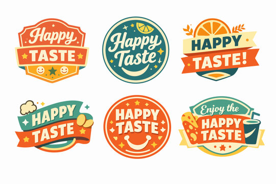 Happy taste branding labels collection, presenting various retro emblem designs for food, restaurant, and drink products