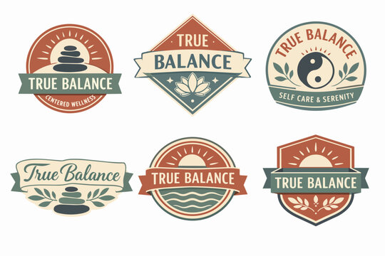 True balance logos collection for centered wellness, self care and serenity with zen stones, lotus and yin yang symbols