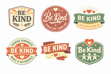 Obraz premium Kind badges showing phrases like be kind, spread love, and lift each other up, promoting kindness and positivity