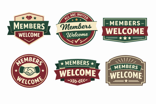 Welcoming members with a set of vintage-style badges and emblems, indicating inclusion and group affiliation