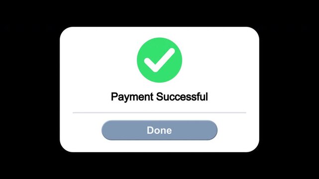Payment confirmation popup with green check and Done button