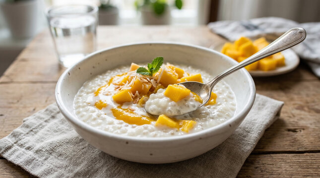 tapioca pudding with coconut milk and mango topping