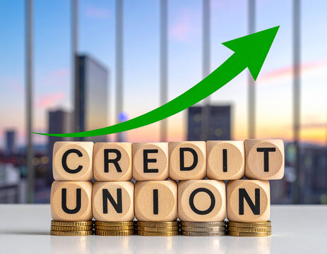 Holzklötze bilden das Wort "Credit Union" auf Münzstapel , mit einen steigenden grünen Pfeil.