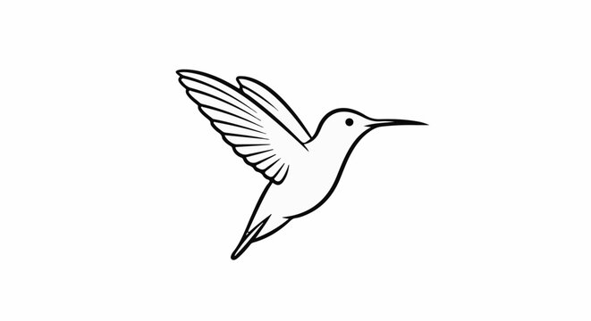 A simple black and white line drawing of a hummingbird in flight