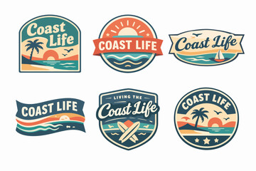 Obraz premium Coast life emblems set featuring retro outdoor illustrations of beach scenes, surf culture, and tropical island adventures