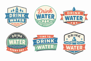 Obraz premium Drink water labels collection featuring vintage badges, water drops, and bottles, promoting hydration and healthy lifestyle