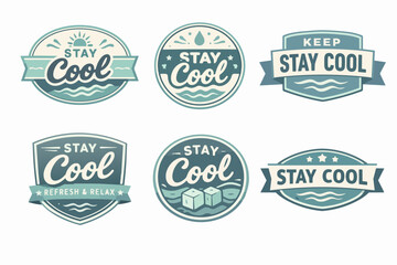 Fototapeta premium Stay cool summer badges collection with vintage emblems featuring elements like sun, waves, water drops, and ice cubes