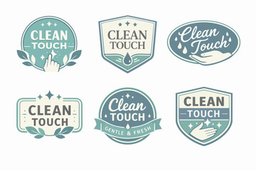Fototapeta premium Clean touch logos with hands, leaves, water drops illustrating hygiene, protection, and freshness concepts