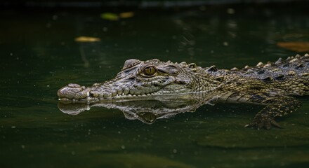 Fototapeta premium Majestic crocodile resting in still water with perfect reflection