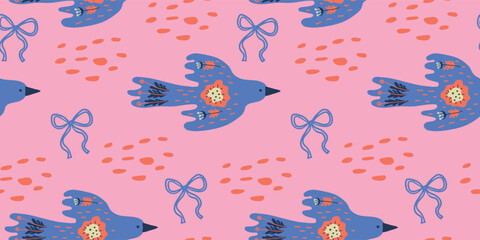 Vibrant folk art birds and abstract shapes seamless pattern for bold coquette style textile prints