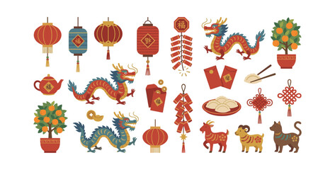 Obraz premium Chinese New Year celebration displaying traditional cultural symbols, lucky decor, and festive elements for lunar holiday