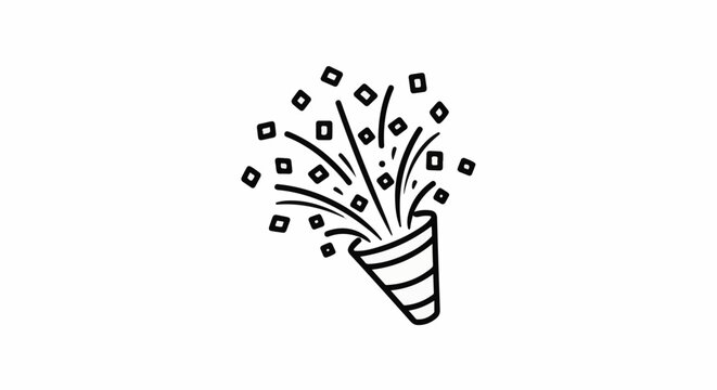 Hand-drawn line art depicts a party popper exploding with confetti