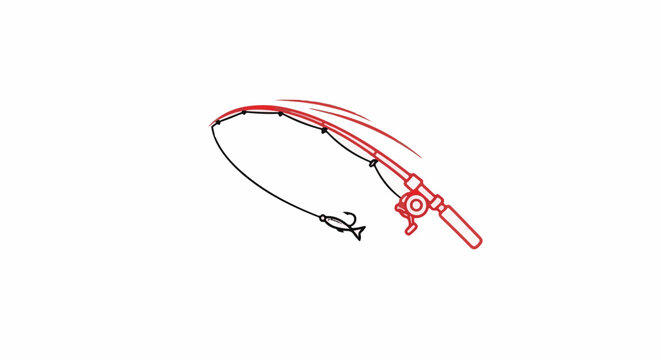Fishing rod with bait and line bent, casting motion depicted