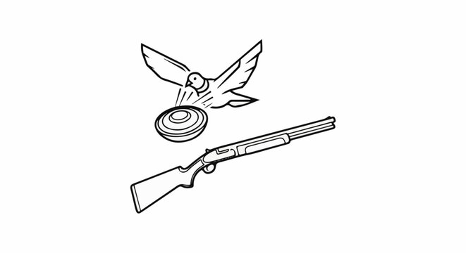 Line art shows a shotgun with a flying clay target and bird