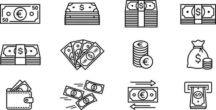 money and cash finance icons set, banknote currency coins stack bill payment banking wealth investment economy vector line outline icon collection isolated on transparent background
