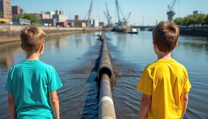Fototapeta premium Two young boys observe large industrial pipe discharging waste into river. City skyline cranes visible in background. Pollution impacts water safety.
