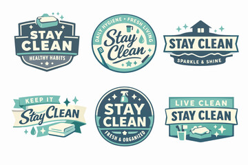 Obraz premium Staying clean and healthy, badges with hygiene, fresh living, and organized habits concepts